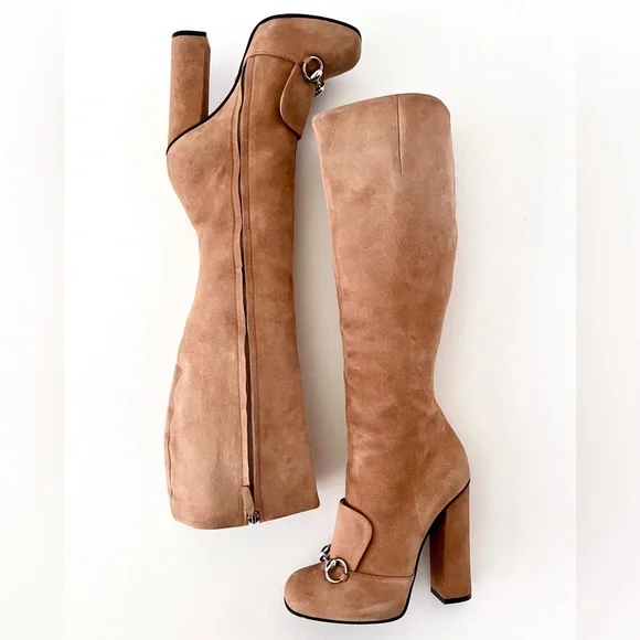 GUCCI | Lillian Horsebit Beige Tan Suede Leather Tall Knee High Heel Boot EU 37 - Picture 8 of 16